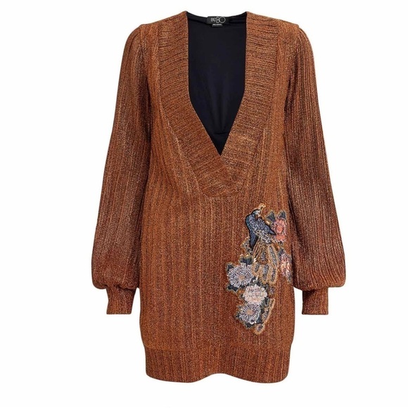 PatBo Lurex Embellished Deep V Neck Tunic Mini Dress Size XS Copper - Picture 1 of 15